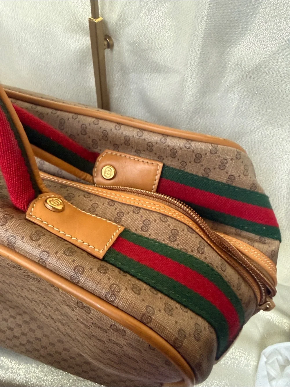 Gucci Monogram Travel Bag with Sherry Line and Tan Leather